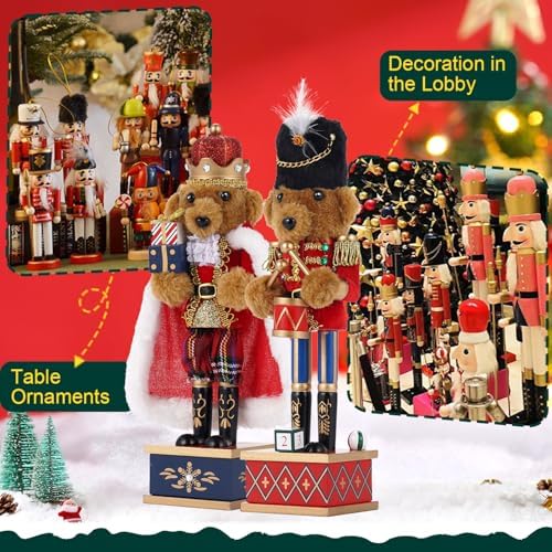 2 Pcs Wooden Christmas Decorations Nutcracker, 28CM/11 inch Traditional Nutcracker Figures,Festive Collectible Christmas Nutcracker Figures Party Tabletop Thanksgiving Decor (Bear Drummer & Bear King)
