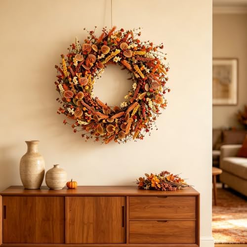 24 Inch Fall Wreaths for Front Door Wreath with Flowers,Grain,Eucalyptus Leaves Autumn Wreath for Front Door Wall Home Harvest Thanksgiving Decor