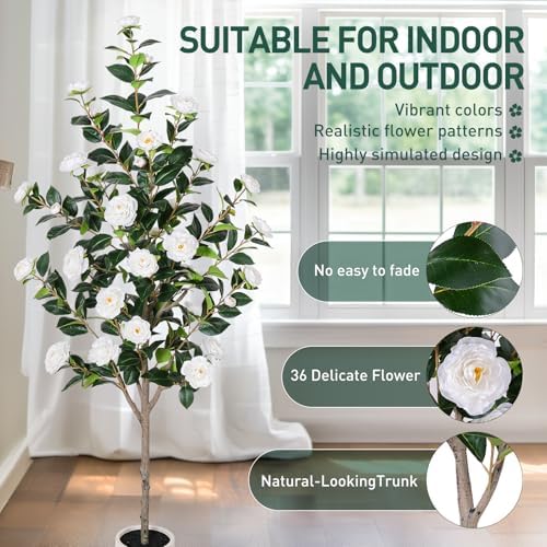 Yepdin 63 inch Artificial Camellia Tree with White Flower Pots -2 Pack White Fake Tree,5 Ft Faux Plants Indoor wich Blooming,Artificial Plants for Indoor & Outdoor Home Front Door Decor