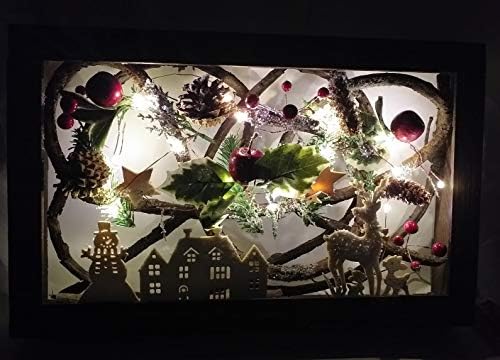 SHATCHI 40cm LED Pre-Lit Decorated with Leaves Pine Cones Berries 3D Nordic Christmas Scene Rectangle Shape Wooden Frame Tabletop Decorations Xmas Ornament Gifts