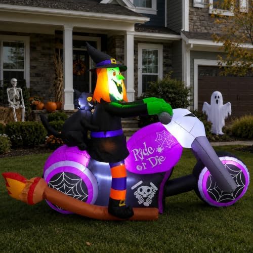 7FT Gaint Halloween Inflatables Witch on Motorcycle with Black Cat,Blow Up Outdoor Decorations with LED for Yard,Lawn, Garden, Porch and Party