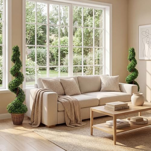 GOPLUS 4 Ft Artificial Boxwood Spiral Topiary Tree, Fake Greenery Plants, Leaves & Cement-Filled Plastic Flower Pot Decorative Trees for Porch Home Office Indoor Outdoor