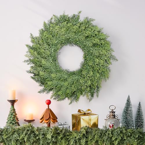 22 inch Real Touch Cedar Wreath, Artificial Greenery Holiday Decor