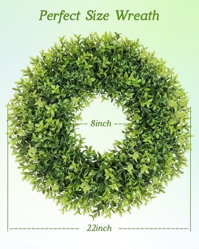 22 Inch Artificial Boxwood Wreaths for Front Door with Sash Outdoor Summer Wreath for Front Door, Spring Green Wreath UV Resistant Waterproof for Wall Window Porch Farmhouse Wedding Year Round