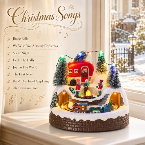 VCUTEKA Christmas Village Houses, Camper with People Campfire and Rotating Train Lighted Musical Christmas Village Collectible Building for Xmas Indoor Decorations or Holiday Table Displays