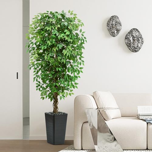 Artificial Ficus Tree, 6 FT Faux Ficus Tree Indoor with Black Planter