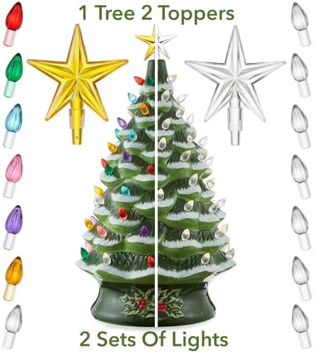 Casafield Hand Painted Ceramic Christmas Tree, Green Snow Flocked 24-Inch Pre-Lit Tree with 148 Multi Color Lights and 2 Star Toppers