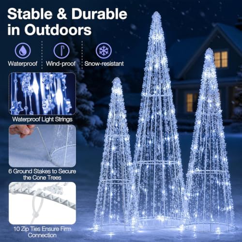 Tangkula Set of 3 Lighted Christmas Cone Trees with Cold White LED Lights