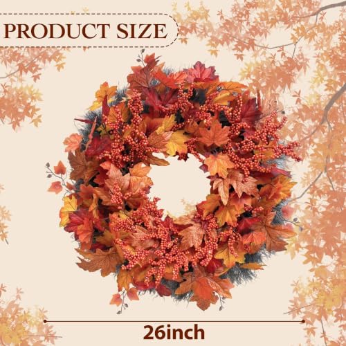 Fall Maple Leaf Wreath, 26Inch Fall Wreaths for Front Door, Large Autumn Wreath with Maple Leaves and Berries, Fall Wreath for Porch Thanksgiving & Harvest Fall Decor