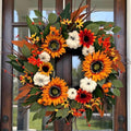24 Inch Fall Front Door Wreath, White Pumpkins, Sunflower, Eucalyptus