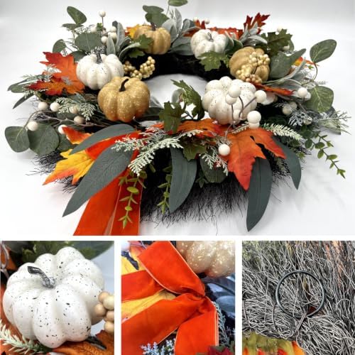 Fall Front Door Wreaths with Ribbon, 24 Inch Pumpkin Autumn Wreath