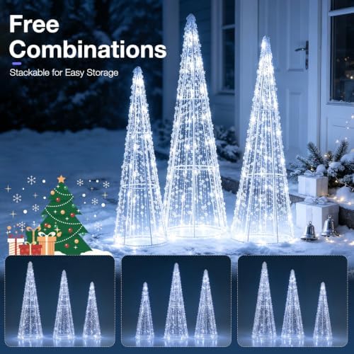 Tangkula Set of 3 Lighted Christmas Cone Trees with Cold White LED Lights
