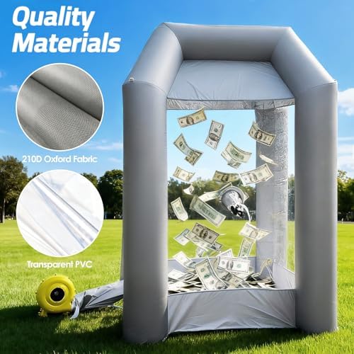 Inflatable Cash Cube Booth with 2 Blowers, Inflatable Money Grab Machine for Commercial Advertising & Event Promotion, Fast Inflation (Silver, 5.2x5.2x8.5FT)