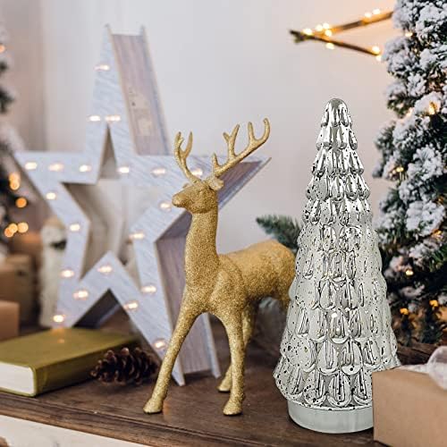 Silver Tabletop Christmas Tree 3pcs, Small Mercury Glass Christmas Trees with Light, Battery Operated Mini Xmas Tree for Fireplace Bathroom Decor 10"