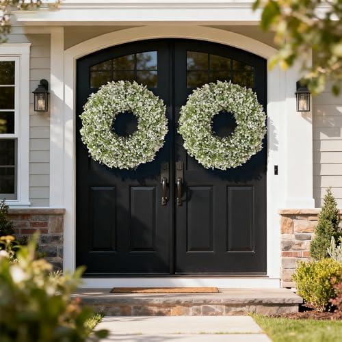 26" Large Artificial Boxwood Wreath for Front Door Decoration (White-Green)