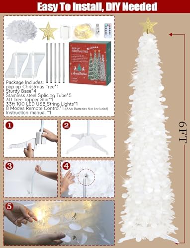 HMASYO 6 FT Pop Up Christmas Tree with 100 LED Timer Lights & Remote, White Christmas Tinsel Tree, Collapsible Artificial Pencil Tree for Home Office Party Decor, USB Powered, Easy Assembly