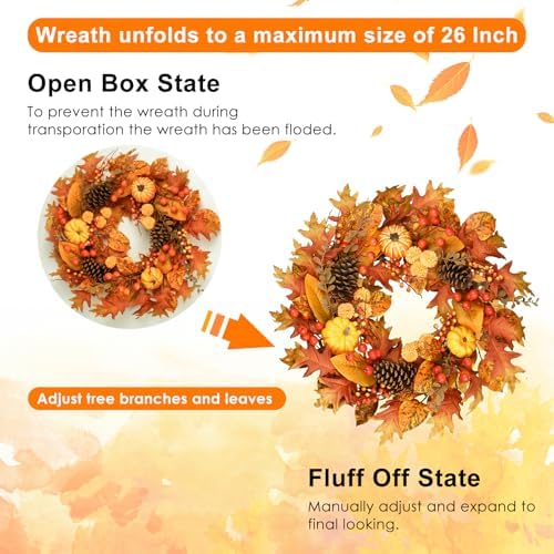 24 Inch Fall Wreath for Front Door, Pumpkin Berry Maple Leaf Autumn Decor