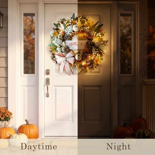 24'' Fall Wreaths for Front Door with Lights and Timer, Farmhouse