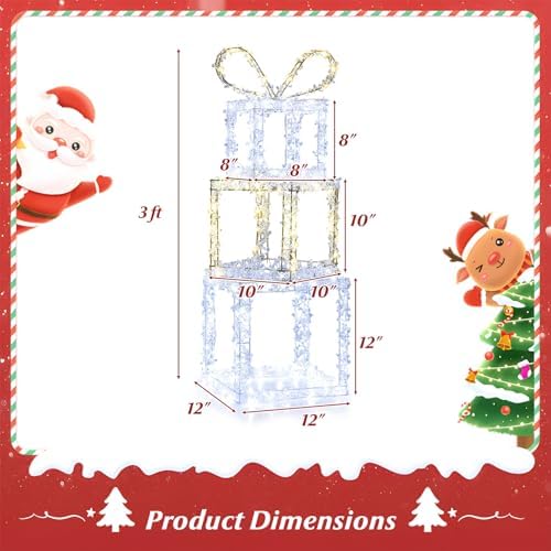 Tangkula Set of 3 Stacked Lighted Gift Boxes, Pre-Lit Box