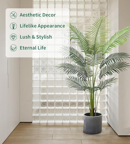 Artificial Golden Cane Palm Tree 5Feet Faux Plant for Home Decor Indoor Outdoor Faux Areca Palm Tree in Pot for Home Office Perfect Housewarming Gift with Adjustable Trunk