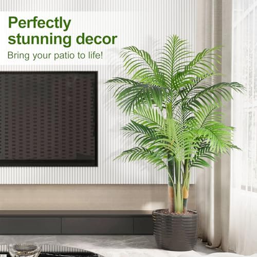 5ft Tall Triple Golden Cane Palm Artificial Tree Large Tropical Palm Tree UV Resistant Fake Plant in Pot for Indoor Outdoor Big House Living Room Outside Patio Office Home Decor 1Pack