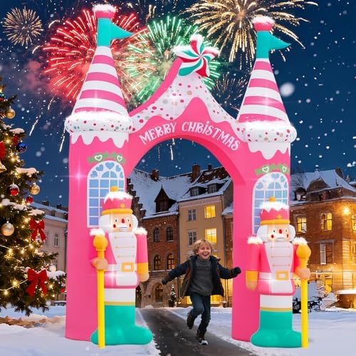 Evoio 12 FT Giant Christmas Archway Inflatables Nutcracker with LED Lights, Pink Xmas Arch Inflatable Stereoscopic Blow up Christmas Outdoor Decorations for Front Yard, Driveway, Lawn, Garden, Square