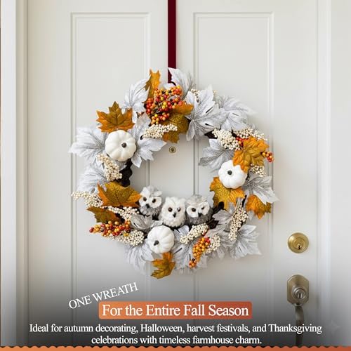 21 Inch Owl Pumpkin Fall Wreath - Autumn & Thanksgiving Door Decor