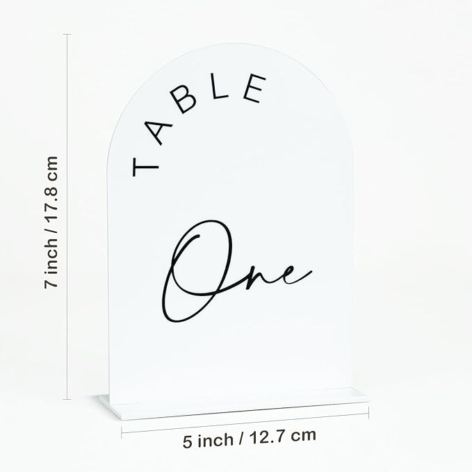 JINMURY White Arch Wedding Table Numbers 1-20 with Stands, 5x7 Inch Acrylic Arch Sign with Black Lettering, White Acrylic Table Numbers for Wedding Reception