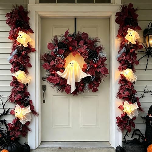 HipTree 20 Inch Lighted Ghost Halloween Wreath for Front Door