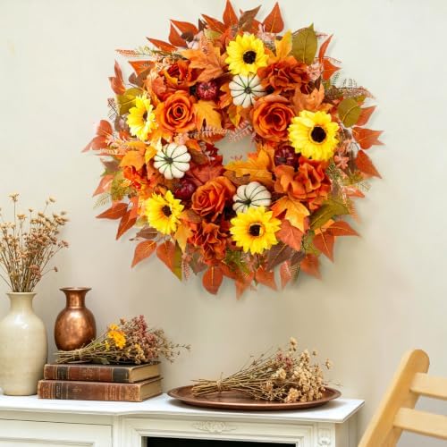24" Fall Wreath for Front Door Harvest with Pumpkin Handmade Artificial