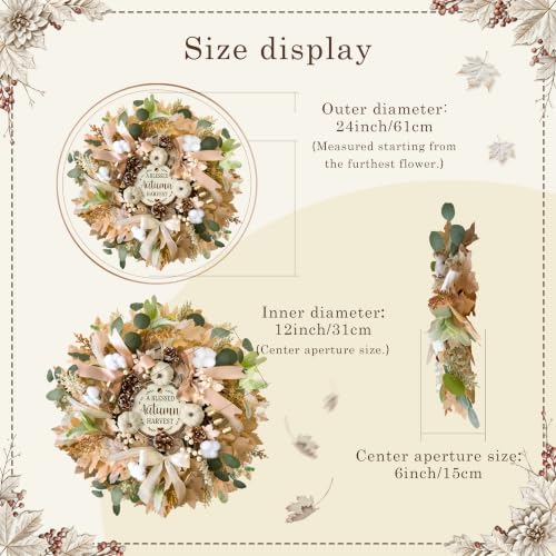 24'' Fall Wreaths for Front Door with Lights and Timer, Farmhouse