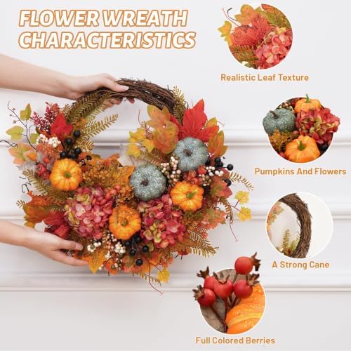 Fall Wreaths for Front Door, Artificial Pumpkin Hydrangea Autumn Wreath