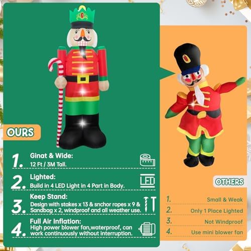 Evoio 12 Ft Giant Christmas Nutcracker Inflatables Decorations Blow Up Nutcracker Holding a Candy Cane, Large Light up Inflatable Nutcracker for Outdoor Yard Outside Christmas Decorations