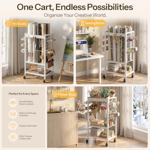 HOOBRO Wrapping Paper Storage Cart, Rolling Craft Storage Cart with Wheels