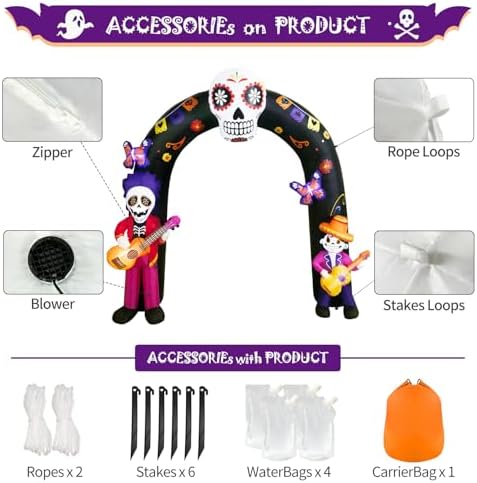 DomKom 8FT Halloween Inflatable Blow Up Decorations Archway, Day of the Dead Inflatable Arch, Dia De Los Muertos Yard Decorations, Sugar Skull Guitar Skeleton, Built‑in LED Lights, Outdoor Lawn Garden