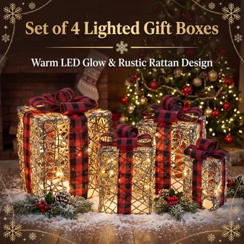 4 Pack Lighted Box Decorations Outdoor – Plug-in 40 LED Rattan Style with Red & Black Plaid Bows, 4 Sizes Set for Christmas Tree, Porch, Yard, Entryway, Holiday Display - Rattan