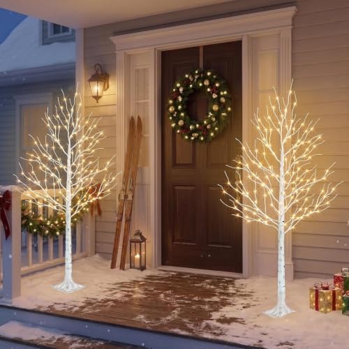 EAMBRITE Lighted Birch Tree, 6ft Prelit White Christmas Trees Outdoor 2Pack