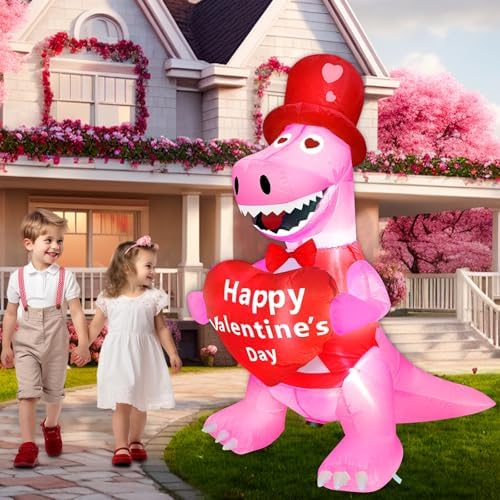 TURNMEON 4 Foot Valentine's Day Inflatable Dinosaur Outdoor Decoration Blow Up Dinosaur Holds Heart LED Lighted Valentines Day Decoration for Yard Garden Lawn Wedding Holiday Party Indoor Outdoor Home