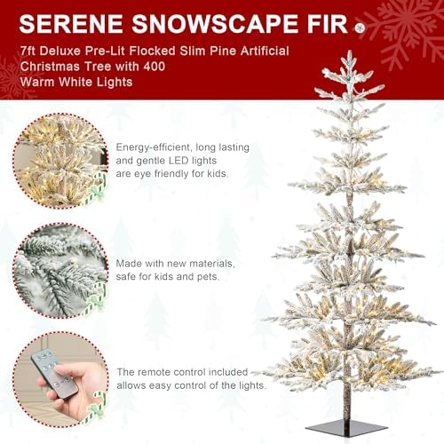 Glitzhome 7ft Deluxe Pre-Lit Flocked Artificial Christmas Tree Serene Snowscape Fir for Home, Office, Party Decoration with 400 Warm White Lights, Metal Hinges & Base, Easy Assembly