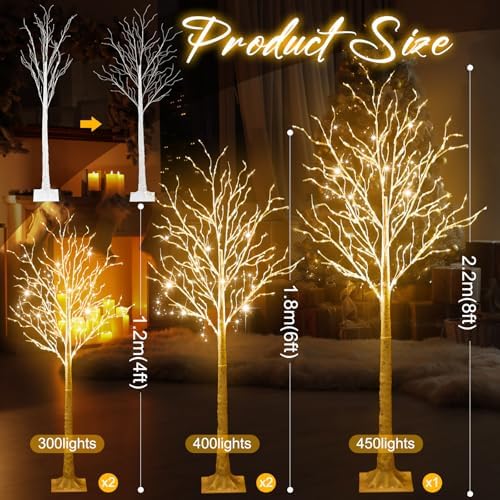 Aurelema 5 Pcs Lighted Birch Tree, 4ft 6ft 8ft, Warm White