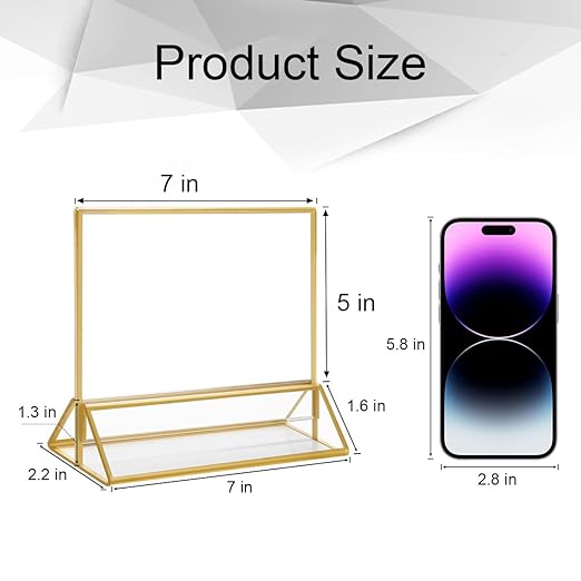 NIUBEE 6Pack 7 x 5 Horizontal Clear Acrylic Sign Holder with Gold Borders, Double Sided Table Menu Stands Picture Frames for Wedding Table Numbers, Restaurant Signs, Photos and Art Display