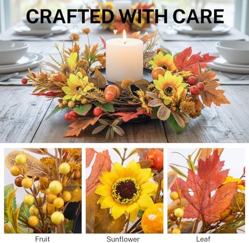 MOYEE Fall Candle Holder Wreath Single 14 inch, Fall Candle Ring