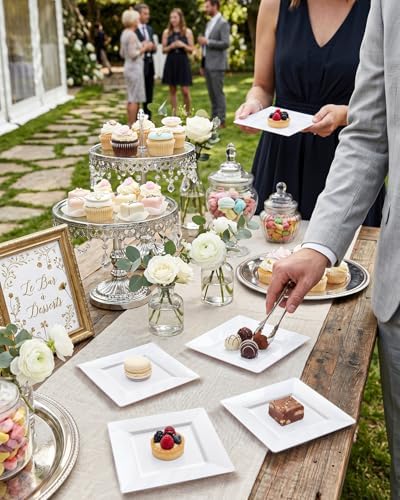 bUCLA 100PCS White Square Plastic Plates-6inch Disposable Cake Plates- Premium Hard Square Small Appetizer Plates for Wedding/Party