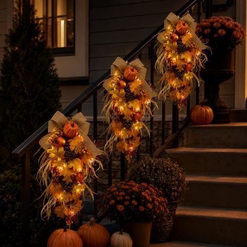 21 Inch Lighted Fall Teardrop Swag with Pumpkins and Pinecones