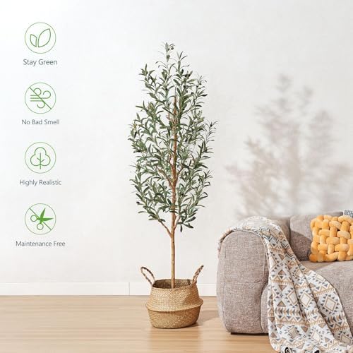 Kazeila 6FT Artificial Olive Tree with Real Wood Trunk & Woven Basket