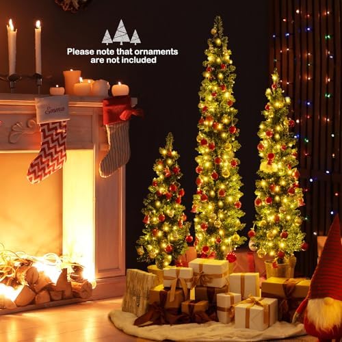 HAPPYGRILL Set of 3 Pencil Christmas Tree, 3' 4' 5' Prelit Slim Xmas Tree