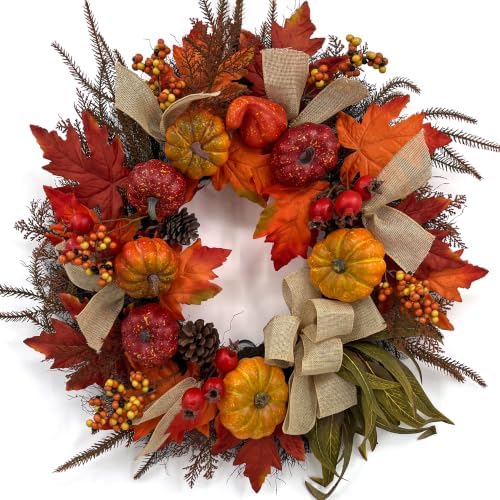 24 Inch Fall Wreath for Front Door, Autumn Harvest Outdoor Decoration