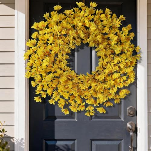 24" Artificial Yellow Forsythia Flower Wreath for Front Door Decor (Yellow)