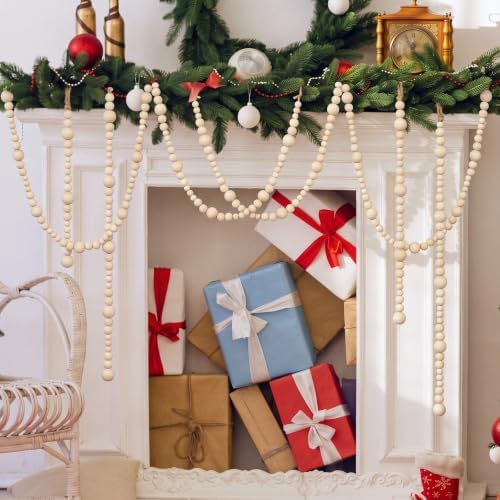 Bucherry 4 Pcs Christmas Wood Bead Garland 28.8 Feet, Natural