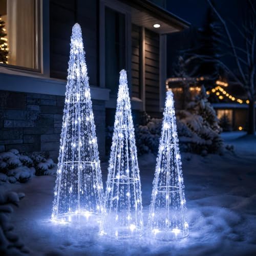 Tangkula Set of 3 Lighted Christmas Cone Trees with Cold White LED Lights